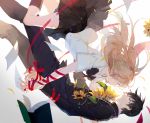  1boy 1girl black_hair blonde_hair book falling flower glasses p0ckylo petals ribbon sarishi_no_hara_(vocaloid) short_hair sunflower tears vocaloid 