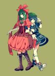  2girls blue_eyes blue_hair boots bow cross-laced_footwear dress elbow_gloves front_ponytail gloves green_background green_eyes green_hair hair_bobbles hair_bow hair_ornament hat kagiyama_hina kawashiro_nitori key knee_boots long_hair looking_at_viewer multiple_girls puffy_sleeves red_dress shoes short_hair short_sleeves short_twintails simple_background skirt skirt_set smile socks tambean touhou twintails white_gloves 