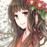  1girl black_hair face flower hair_flower hair_ornament japanese_clothes kazamineko kimono long_hair original smile snow violet_eyes 