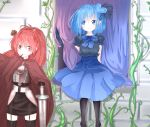  2girls aoi_(pixiv2498037) armor artist_name blue_eyes blue_hair bow cape chain curtains dress food_in_mouth gloves hair_ornament looking_at_another mahou_shoujo_madoka_magica miki_sayaka multiple_girls pocky red_eyes redhead sakura_kyouko skirt smile sword thighhighs vines weapon window zettai_ryouiki 