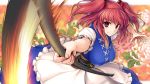  1girl belt breasts coin ebizome flower hair_bobbles hair_ornament large_breasts looking_at_viewer onozuka_komachi puffy_sleeves red_eyes redhead scythe shirt short_sleeves skirt slashing smile solo touhou two_side_up 