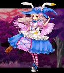  1girl absurdres animal_ears artist_request baseball_bat bow bubble_skirt dress forest frown full_body hat highres irisu_kyouko irisu_syndrome nail nail_bat nature rabbit_ears red_eyes shoes socks solo striped striped_legwear white_hair witch_hat 