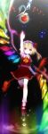  1girl apple arm_up ascot blonde_hair darkness flandre_scarlet food fruit glowing glowing_wings hat hat_ribbon laevatein light_particles mob_cap puffy_sleeves reaching red_eyes ribbon sanso shirt short_sleeves side_ponytail skirt skirt_set snake solo touhou vest waves wings 