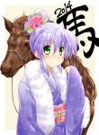  2014 alternate_hairstyle feena_fam_earthlight fujimoto_akio green_eyes hair_bun horse japanese_clothes kimono lavender_hair new_year obi sash yoake_mae_yori_ruri_iro_na 