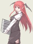  1girl bat_wings black_legwear book gloves head_wings kamukamu koakuma long_hair looking_at_viewer necktie open_mouth pointy_ears red_eyes redhead simple_background solo thighhighs touhou white_gloves wings 