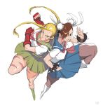  alternate_costume ami_thompson back-to-back blue_eyes bracelet braid brown_hair bun_cover cammy_white chun-li double_bun fingerless_gloves gloves hair_over_one_eye jewelry long_hair pantyhose pleated_skirt scar school_uniform serafuku short_hair skirt spiked_bracelet spikes street_fighter twin_braids 