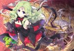  bare_shoulders black_legwear breasts cleavage detached_sleeves familiar gloves green_hair hat j.u. jewelry long_hair looking_at_viewer original ribbon smile solo staff thighhighs violet_eyes witch_hat 