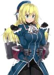  1girl 501092-taka :3 =_= atago_(kantai_collection) beret between_breasts black_gloves blonde_hair blue_eyes breasts cannon gloves hat kantai_collection long_hair pantyhose personification rensouhou-chan solo 