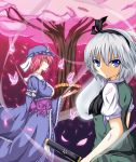  2girls blue_eyes butterfly cherry_blossoms closed_eyes katana konpaku_youmu konpaku_youmu_(ghost) multiple_girls naba_(take_tonbo) petals pink_hair saigyouji_yuyuko sheath sheathed silver_hair sword touhou weapon 