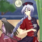  2girls black_hair blue_eyes bow_(weapon) braid hat highres houraisan_kaguya long_hair moon multiple_girls naba_(take_tonbo) silver_hair touhou very_long_hair weapon yagokoro_eirin 