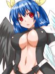  1girl adoldolys asymmetrical_wings blue_hair blush breasts center_opening collar dizzy guilty_gear hair_ribbon hair_rings large_breasts navel red_eyes ribbon solo wings 