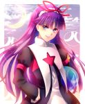  1girl aisusuki ascot blob blue_eyes crescent feli hairband hands_on_hips juliet_sleeves long_hair long_sleeves puffy_sleeves purple_hair puyo_(puyopuyo) puyopuyo puyopuyo_fever smile solo 