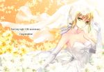 1girl ahoge anniversary bare_shoulders blonde_hair bow breasts bridal_veil choker cleavage copyright_name dress elbow_gloves fate/stay_night fate_(series) flower gloves green_eyes hachini looking_at_viewer orange_background saber solo veil wedding_dress 