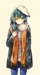  1girl alternate_costume black_hair coat eyepatch green_eyes green_hair hat heart heart-shaped_pupils highres kantai_collection kiso_(kantai_collection) personification scarf shiratan short_hair solo symbol-shaped_pupils winter_clothes 