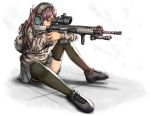  1girl backpack bag bipod brown_eyes brown_hair graphite_(medium) gun headset long_hair mixed_media original photoshop rifle scope shoes simple_background sitting skirt sneakers sniper_rifle solo specterz thighhighs traditional_media weapon white_background 