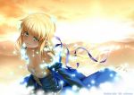  1girl ahoge bare_shoulders blonde_hair breasts cleavage corset dress fate/stay_night fate_(series) green_eyes hair_ribbon long_hair looking_at_viewer namonashi ribbon saber skirt sky smile solo sunset 