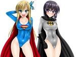  2girls anzu_(onelelee) batman batman_(cosplay) black_hair blonde_hair blue_eyes boku_wa_tomodachi_ga_sukunai breasts butterfly butterfly_hair_ornament cape cleavage cosplay dc_comics fang gloves hair_ornament highleg highleg_leotard highres kashiwazaki_sena leotard long_hair mikazuki_yozora multiple_girls short_hair superman superman_(cosplay) violet_eyes 