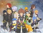  2girls 6+boys alternate_hairstyle aqua_(kingdom_hearts) axel black_hair black_legwear blonde_hair blue_eyes blue_hair brown_hair bunta01 chain_necklace detached_sleeves disney donald_duck goofy green_eyes hakama japanese_clothes keyblade kingdom_hearts kingdom_hearts_358/2_days kingdom_hearts_birth_by_sleep multiple_boys multiple_girls redhead riku roxas shield short_hair silver_hair sora_(kingdom_hearts) staff terra_(kingdom_hearts) thighhighs ventus xion_(kingdom_hearts) 