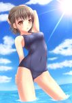  1girl blush brown_eyes brown_hair kk-sk-ray one-piece_swimsuit open_mouth original short_hair solo swimsuit 