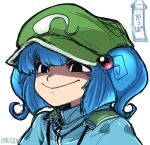  1girl :&gt; black_eyes blue_hair bust hat kawashiro_nitori short_twintails smile solo space_jin touhou twintails 