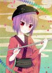 1girl bowl highres hisame_(nekousatan) japanese_clothes kimono needle purple_hair red_eyes short_hair solo sukuna_shinmyoumaru touhou 
