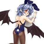  1girl animal_ears ass back bare_arms bare_shoulders bat_wings black_legwear blue_hair bunny_girl bunny_tail bunnysuit fake_animal_ears fang flying_sweatdrops leotard looking_at_viewer looking_back open_mouth pantyhose pointy_ears rabbit_ears red_eyes remilia_scarlet solo tail tasuki_seiichi touhou unzipped wings wrist_cuffs 