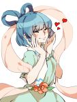  1girl blue_hair blush blush_stickers closed_eyes dress flower hagoromo hair_ornament hair_rings hair_stick hands_on_own_cheeks hands_on_own_face heart kaku_seiga puffy_sleeves shawl short_hair short_sleeves simple_background smile solo tambean touhou vest 