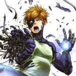  1boy angry black_sclera blonde_hair charging cyborg damaged earrings energy genos hataraki_ari injury jewelry mechanical_parts onepunch_man open_mouth parts_exposed shirt simple_background solo torn_clothes white_background 