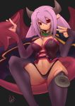  1girl alma_elma artist_name bangs black_background breasts cape cleavage collar demon_girl elbow_gloves fingerless_gloves gloves horns long_hair looking_at_viewer mon-musu_quest! monster_girl panties purple_hair red_eyes simple_background skello-on-ice smile solo succubus tail tattoo thighhighs underwear wings 