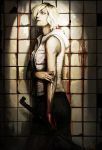  1girl ami_thompson blood hair_over_one_eye heather_mason highres injury lead_pipe lips no_pupils nose short_hair silent_hill_3 sleeveless_hoodie solo tile_wall tiles 