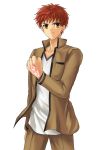  1boy brown_eyes clenched_hand command_spell emiya_shirou fate/stay_night fate_(series) redhead school_uniform solo ty_1865 