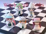  5girls animal_ears chibi eyepatch green_hair hat hood kagari_ayaka kazari_rin kuraishi_tanpopo menowa_mei multiple_girls scythe siraha utsugi_kanna witch_craft_works witch_hat 