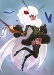  1girl antennae ario butterfly dark_skin dress fur_coat fur_trim garter_straps gloves insect_girl jumping larvesta open_mouth panties pantyshot personification pokemon revision solo sword thighhighs underwear weapon white_hair wings 