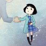  1girl black_hair child holding holding_hands holding_shoes lowres mako_mori one_shoe_off pacific_rim tatsuri_(forest_penguin) teardrop triangle_mouth 