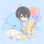  1boy balloon black_hair blue_eyes candy character_name chibi dolphin free! hoodie iwatobi-chan lollipop mnmktn nanase_haruka_(free!) shoes sitting sneakers star stuffed_animal stuffed_toy 