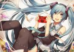  1girl aqua_eyes aqua_hair camera detached_sleeves hatsune_miku headset long_hair necktie open_mouth photo_(object) skirt solo thighhighs twintails very_long_hair vocaloid yunomachi 