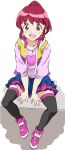  1girl aino_megumi black_legwear from_above happinesscharge_precure! open_mouth pink_eyes pink_hair ponytail precure shirt shoes short_hair sitting skirt smile solo thighhighs umanosuke vest 