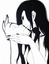  1girl black_hair black_nails choker commentary_request eyelashes fingernails highres holding incipient_kiss long_fingernails long_hair mask monochrome nail_polish original outline poaro signature simple_background solo texture white_background 