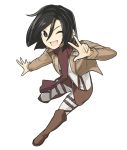 1girl black_hair boots brown_eyes buckle jacket mikasa_ackerman open_mouth outstretched_hand pants poaro scarf shingeki_no_kyojin shirt simple_background solo strap transparent_background v white_shirt wink 