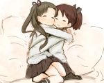  2girls abe_kanari ayanami_(kantai_collection) black_hair brown_hair cheek-to-cheek closed_eyes hair_ribbon hug kantai_collection kneehighs long_hair multiple_girls ponytail ribbon shikinami_(kantai_collection) side_ponytail smile 