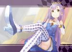  1girl bare_shoulders blush crossed_legs elbow_gloves foreshortening gloves green_eyes high_heels jewelry long_hair looking_at_viewer necklace outbreak_company panties petrarca_ann_erudanto_iii purple_hair shirabi_(life-is-free) smile solo thighhighs tiara underwear white_gloves white_panties 