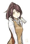  1girl blazer brown_hair commentary_request highres juice_box looking_at_viewer open_collar original poaro ponytail shirt signature simple_background sipping solo white_background white_shirt yellow_eyes 