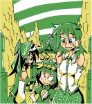  3girls bow detached_sleeves frog_hair_ornament green_eyes green_hair hair_ornament hair_tubes hakurei_reimu height_difference kochiya_sanae mirror mountain multiple_girls ribbon-trimmed_sleeves ribbon_trim rope setz shimenawa shrine snake_hair_ornament touhou yasaka_kanako 