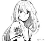  1girl breasts cleavage commentary_request from_side light_smile long_hair looking_to_side monochrome original poaro simple_background solo strap_slip tattoo twitter_username white_background 