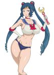  1girl ao_madou_ko bishoujo_senshi_sailor_moon blue_eyes blue_hair breasts cleavage double_bun drill_hair elbow_gloves gloves gundam gundam_build_fighters hand_on_hip highres iori_rinko large_breasts long_hair sailor_moon sailor_moon_(cosplay) seiyuu_connection simple_background smile solo tiara twin_drills very_long_hair wand white_background 