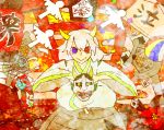  androgynous blue_eyes colorful geta heterochromia horns japanese_clothes kie_(our_crazy_dream) kimono looking_at_viewer oni_mask our_crazy_dream paper_ball red_eyes smile solo tengu-geta torii 