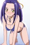  1girl all_fours bikini blush breasts choker kurokawa_eren long_hair looking_at_viewer manji_(tenketsu) precure purple_hair seiren_(suite_precure) side-tie_bikini smile solo suite_precure swimsuit yellow_eyes 