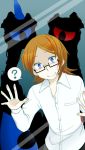  1boy ? against_glass blue_eyes brown_hair glasses looking_at_viewer male mark_(s//d) ominous_shadow s//d shirt solo surprised 