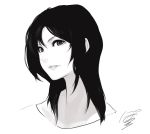  1girl black_hair bust eyelashes head_tilt lips long_hair looking_at_viewer monochrome original poaro shirt signature simple_background sketch solo white_background 