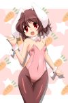  1girl absurdres animal_ears blush brown_hair bunnysuit carrot highres inaba_tewi open_mouth pantyhose rabbit_ears red_eyes short_hair smile solo touhou wrist_cuffs yanmarson 